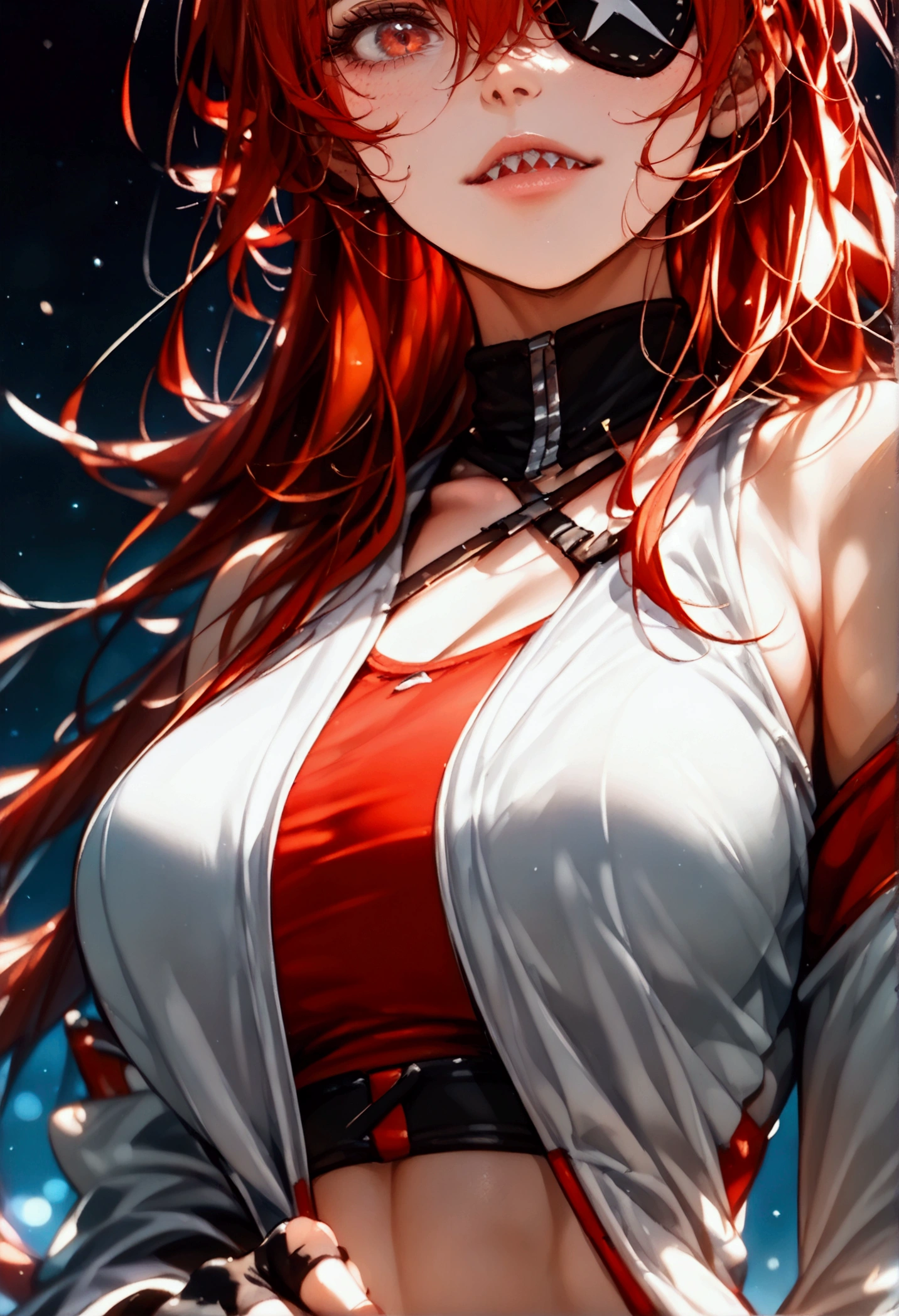 score_9, score_8_up, score_7_up, source_cartoon, 1girl, (long hair, red hair, hair between eyes, breasts, hips:1.2), (yoga top, fingerless arm sleeves, thigh high boots white jumpsuit tied around the waist, eye patch, sharp teeth), (close up view, close face portrait:1.4), in a dark forest at night, Beautiful anime style, mature manhwa,