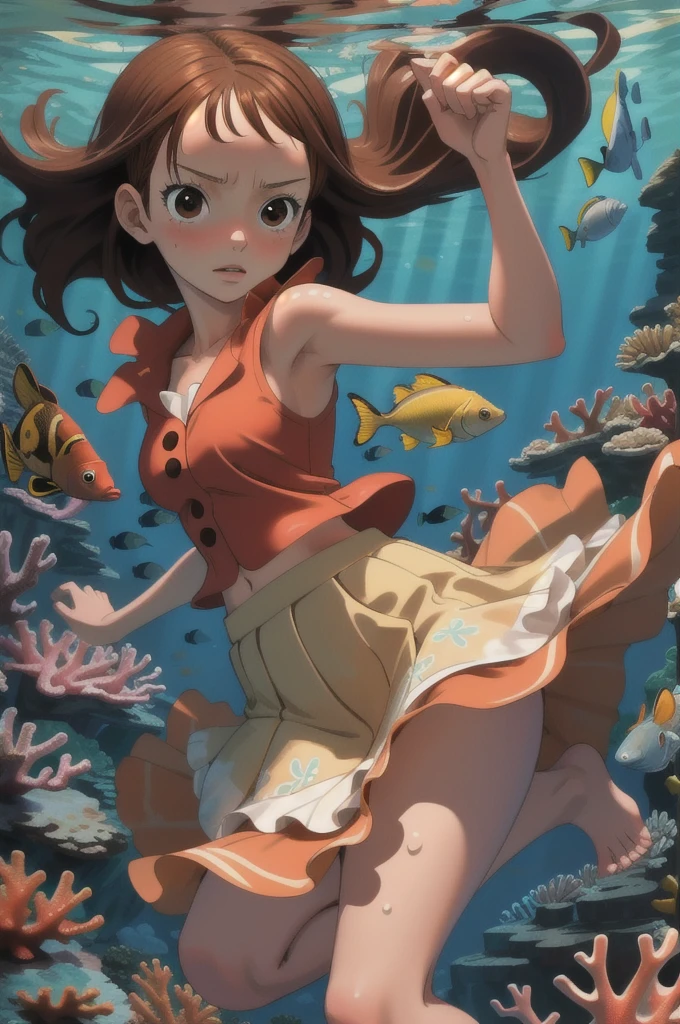 high quality, masterpiece, One girl, Brown Hair, one piece, In the water, Coral Reef, fish, Skirt flipped up
