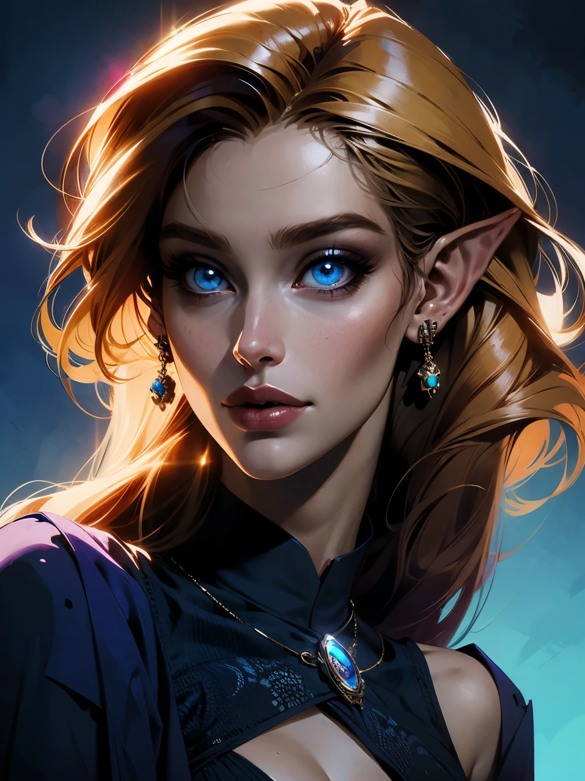 beautiful blond elven woman in her 30s, with blue eyes and striking features, exuding maturity and allure in a seductive pose.(dark-blue background), pointy ears, glowing eyes, beauty, blond medium hair, an14