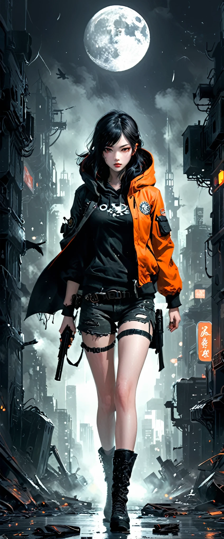 (Anime style artist：Jack Hughes:0.5),((Post-apocalyptic Wasteland, 废弃of地方, Fragments, destroy, 被摧毁of建筑物墙上of涂鸦:1.2)), ((1 黑暗美丽of女孩, 破烂of衣服，Wearing a hood，Bazooka in hand，Ready to throw it out, Dynamic poses, epic:1.2)), ((Dark background, Full Moon Night:1.2)), (masterpiece),(最好of质量:1.2), (Ultra-high resolution:1.2), 详细of, (((Dark, orange, 绿色of, of, complex:1.2) ), (( Post-apocalyptic:1.2 )), (( 最好of质量, 充满活力of, 32K, 没有文字of清晰灯光和shadow:1.2).(Dark atmosphere,shadow,contour,Simple style,黑暗of,Very strong 黑暗ofness:1.5),Glowing neon lights,(Heavy weapons in hand，Running in the 黑暗of:1.8)，