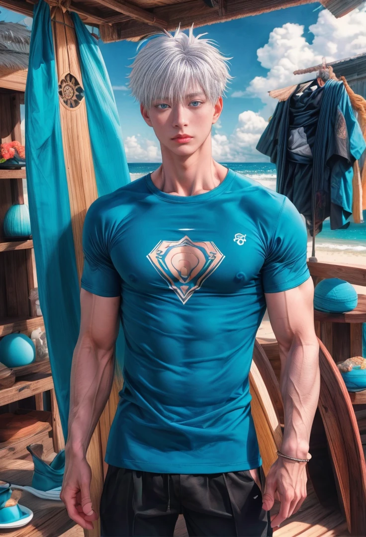 1 male, high resolution 8k, young, handsome, perfect face detail, detailed eyes and face, clean shaved, sixpack realistic, white eyebrow hair, white eyelashes, dynamic lighting, unreal engine, hd picture, satoru gojo, Jujutsu kaisen, white hair, short hair ,hair between eyes ,blue eyes, white skin, beach background