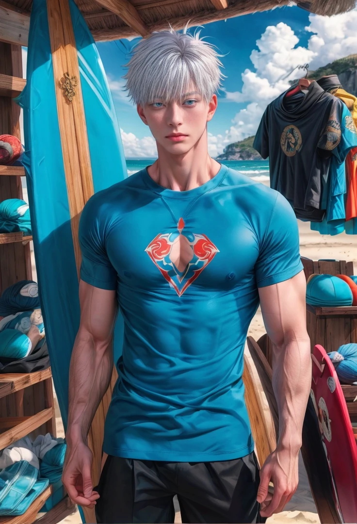 1 male, high resolution 8k, young, handsome, perfect face detail, detailed eyes and face, clean shaved, sixpack realistic, white eyebrow hair, white eyelashes, dynamic lighting, unreal engine, hd picture, satoru gojo, Jujutsu kaisen, white hair, short hair ,hair between eyes ,blue eyes, white skin, beach background