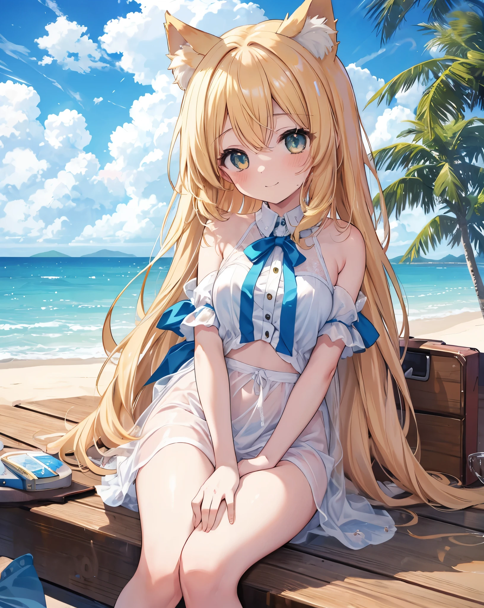 (Highest quality, Masterpiece: 1.2), (Solo), Anime coloring book, 4K quality, 
SUBJECT
(((Girl))), blonde hair, cat ears, cat tail, neko ears, neko tail, little grinning happy smile
CLOTHES
bare shoulder, white transparent shirt, visible yellow bikini under the shirt, Bare feet visible, blue ribbon on hair.
A girl immersed in the world of anime High school description Noise, she blush.
ACTION
She is sunbathing lying on a deckchair,  sweating for the hot summer temperature.
Reflexes on eyes.
LOCATION 
Outdoor, 
beach, blue sky, clouds, cloudy sky, dewy road, sun, horizon, ocean, landscape, sky, skyline, blue sky and white clouds, fantastic light, beautiful light, mirror, mysterious, Beautiful, clear water, dream, heaven, cliff, rainbow, aurora, mirage, moon, planet, meteorite.