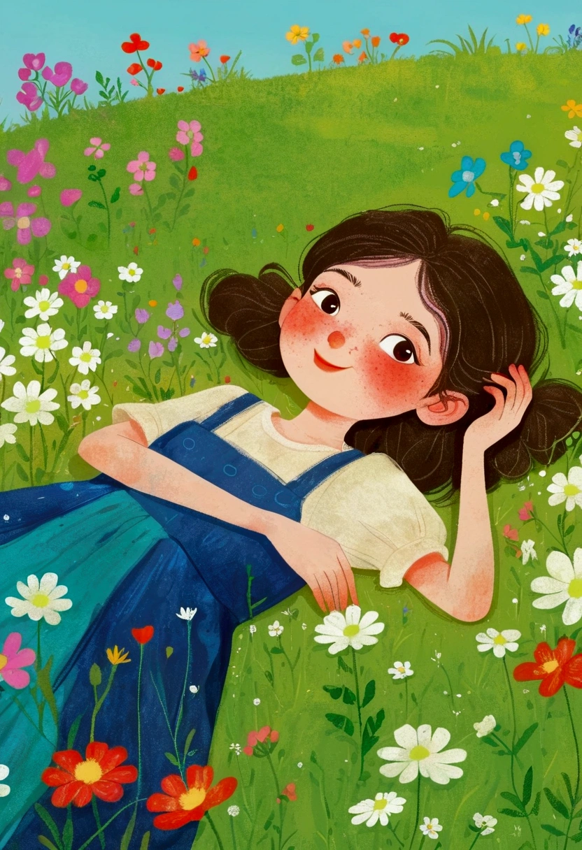 There is a cartoon picture,一个人lying on the grass,slopes, Luisa Mathiasdottir (Louisa Matthíasdóttir) 绘制的Storybook illustration, Shutterstock competition winner, Childish Art, lying on the grass, Fantasy illustrations, Lying in the field, Storybook illustration, ???lying on the grass, Girl in flower bed