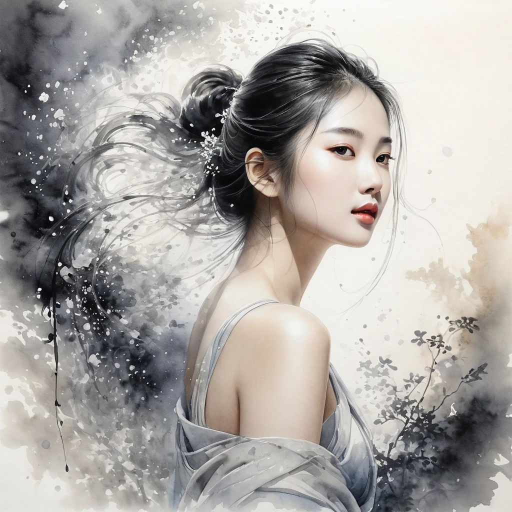 Chinese painting, Ethereal beauty, ink wash painting, ink splashes,Gongbi,Delicate brushwork,Zen simplicity, high quality, masterpiece, ultra-high resolution, incredible composition, extremely detailed, crazy details, a girl, beautiful face, perfect female body, translucent body, pet luminous, gradient, contour light, light particles, award winning art
