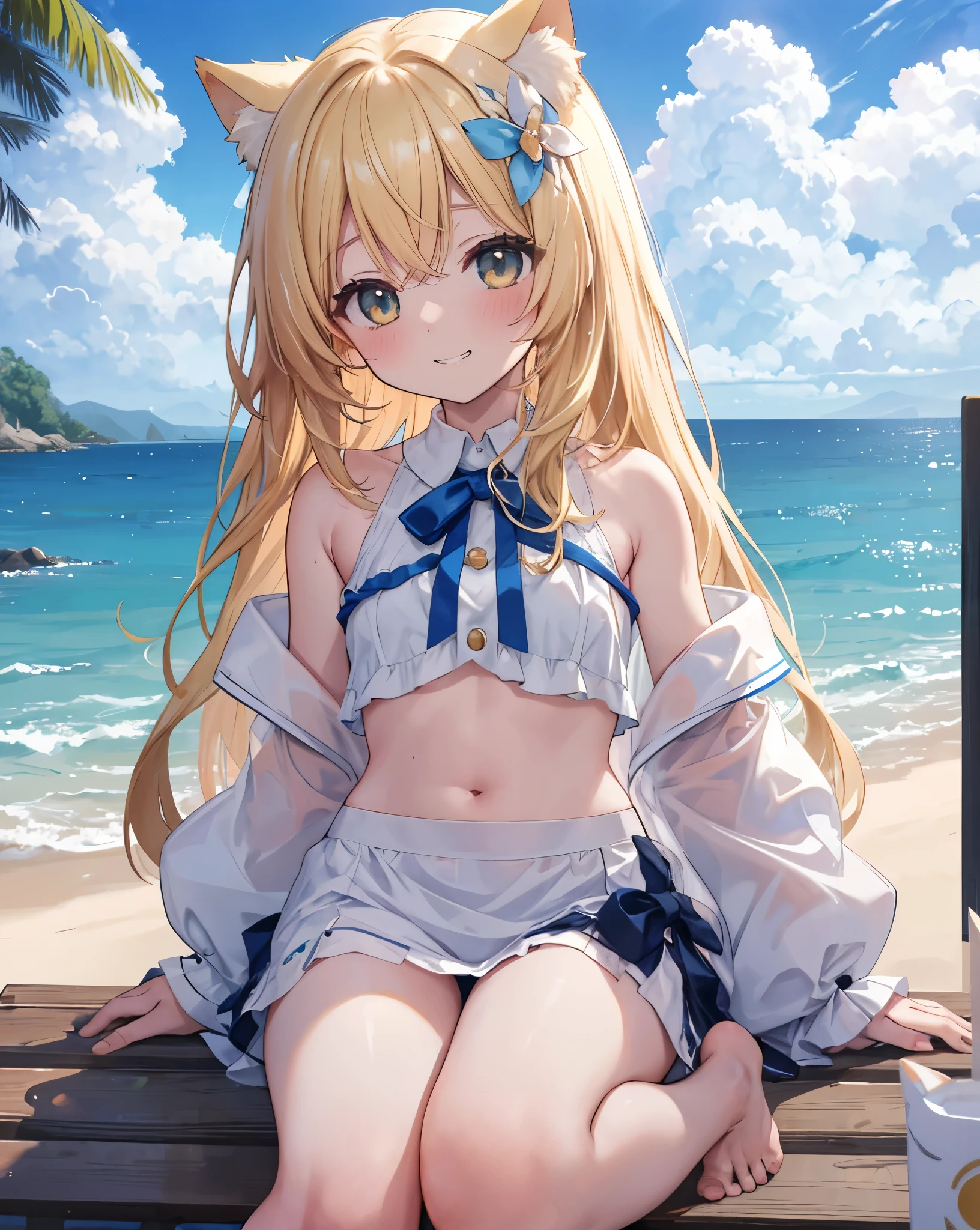 (Highest quality, Masterpiece: 1.2), (Solo), Anime coloring book, 4K quality, 
SUBJECT
(((Girl))), blonde hair, cat ears, cat tail, neko ears, neko tail, little grinning happy smile
CLOTHES
bare shoulder, white transparent shirt, visible yellow bikini under the shirt, Bare feet visible, blue ribbon on hair.
A girl immersed in the world of anime High school description Noise, she blush.
ACTION
She is sunbathing lying on a deckchair,  sweating for the hot summer temperature.
Reflexes on eyes.
LOCATION 
Outdoor, 
beach, blue sky, clouds, cloudy sky, dewy road, sun, horizon, ocean, landscape, sky, skyline, blue sky and white clouds, fantastic light, beautiful light, mirror, mysterious, Beautiful, clear water, dream, heaven, cliff, rainbow, aurora, mirage, moon, planet, meteorite.