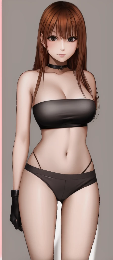 A beautiful woman with a sharp face is standing with her eyes slightly open, wearing a black navel-baring tube top and black hot pants that look like panties, with her hands on her hips.。