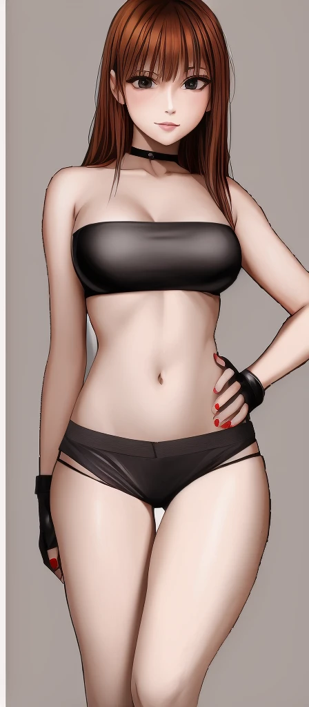 A beautiful woman with a sharp face is standing with her eyes slightly open, wearing a black navel-baring tube top and black hot pants that look like panties, with her hands on her hips.。