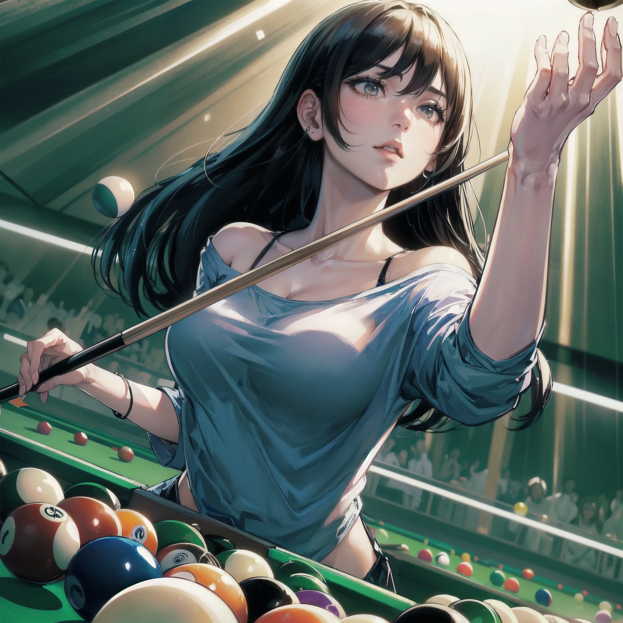 masterpiece, (textured skin), best quality, gorgeous beautiful girl, (a female billiard athlete), detailed clothes,large breasts,narrow waist,, (beautiful face), cinematic lighting, (at billiard venue ),
