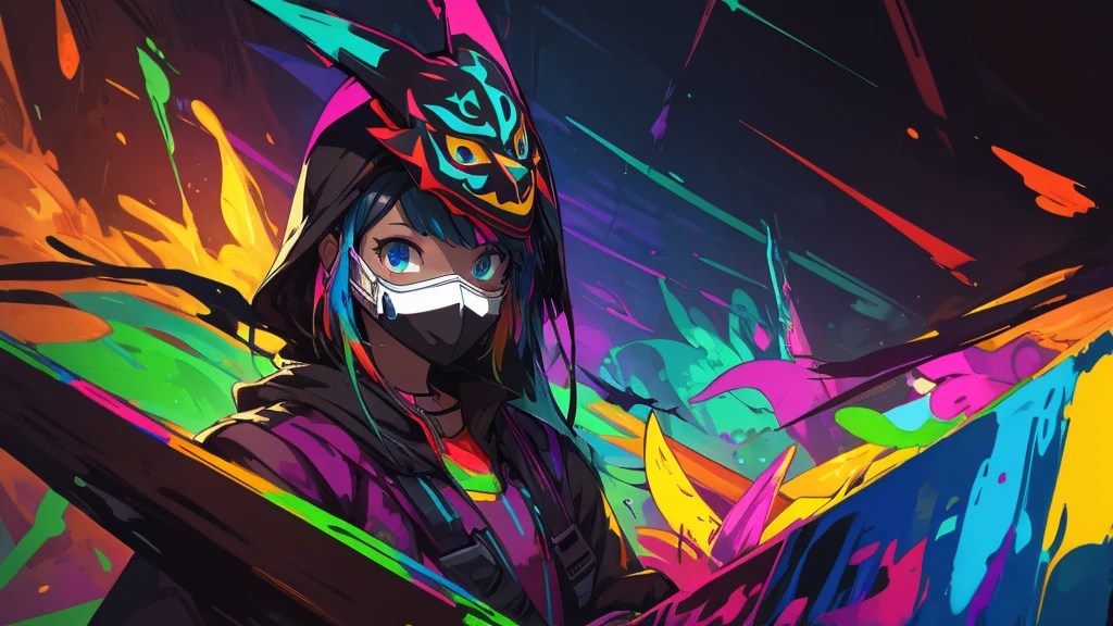 Background, paint drawing, dark, acid colors, many different colors, girl wearing a mask of the brightest colors, the picture has a lot of artifacts and lags, the quality is poor, the girl can't be seen well because of the number of colors