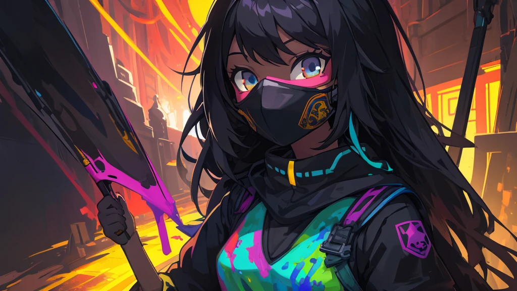 Background, paint drawing, dark, acid colors, many different colors, girl wearing a mask of the brightest colors, the picture has a lot of artifacts and lags, the quality is poor, the girl can't be seen well because of the number of colors