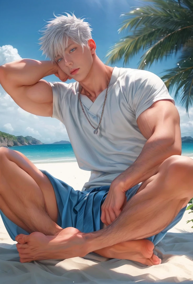 1 male, high resolution 8k, young, handsome, perfect face detail, detailed eyes and face, clean shaved, sixpack realistic, white eyebrow hair, white eyelashes, dynamic lighting, unreal engine, hd picture, satoru gojo, Jujutsu kaisen, white hair, short hair ,hair between eyes ,blue eyes, white skin, beach background