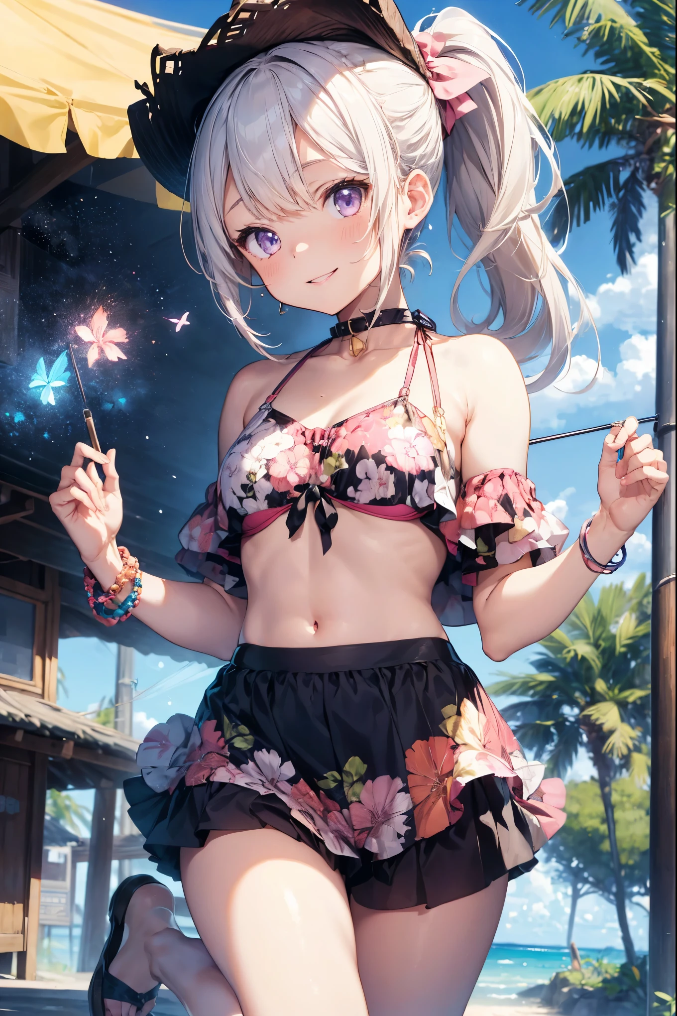 (((masterpiece))), (((Highest quality))), ((Very detailed)), ((Very detailedなイラスト)), ((Ultra-fine painting)), (16K Highest quality wallpaper:1.4), (Detailed and elaborate illustration style,:1.8) Detailed skin texture, High quality fabric, , (T-masterpiece), (Very detailedな顔:1.4), original, RAW Photos, Professional, Intricate details, Very detailed, Direct sunlight:1.6, ,(Cowboy Shot:1.9)、(Perfect Anatomy:1.4), (Extremely elaborate hands:1.2), (Very elaborate fingers:1.2), (Very elaborate fingers先:1.2),, (alone:1.6), (beautiful and adorable cat ears:1.6), (Intricate and delicate white cat ears:1.5), (beautiful, Shiny white hair:1.6), (Very fine and delicate white hair:1.4),, (Very detailedな顔:1.4),(Light purple eyes:1.6),(smile:1.4),(ponytail:1.7),(wariza:1.9),//Character
1girl,
BREAK
//Fashions
Tropical Paradise Decollete See-Through Tunic Setup,
Top, A vibrant, sheer tunic in tropical floral print with plunging decollete neckline, lightweight fabric and breezy, perfect for beach or resort setting,
Undergarment, bright, coordinating bikini top in solid color, one of floral print hues,
Bottom, High-waisted bikini bottoms in color to top, cohesive and vibrant look,
tunic features short, flutter sleeves, tie-front closure at neckline, adjustable coverage, relaxed fit, hemline is asymmetrical, shorter front, longer back, flattering silhouette,
BREAK
Accessories, Tropical-inspired accessories wide-brimmed straw hat, colorful beaded bracelets, oversized sunglasses,
Footwear, Simple, flat sandals or espadrilles in neutral tone, Hair styled in loose, beachy waves or messy bun, Makeup is natural and fresh, focus on bronzed skin, hint of highlighter, coral or pink lip gloss,
BREAK