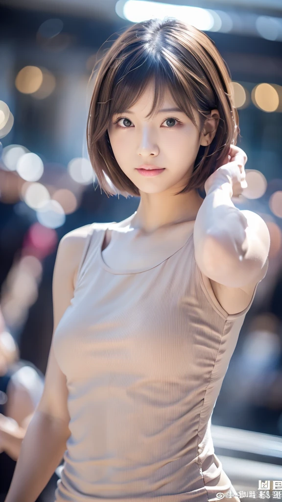 (Best quality, 8K, masutepiece, Ultra HD: 1.3), 1girl in, smallunderboob, Light brown hair, Blunt bangs, hair behind ear, hair over shoulders, Short hair,  Slender body type, ultradetail face, Delicate lips, Beautiful eyes, Double eyelids, lipsticks,Invite your gaze, Ultra-thin pointer, Ultra-thin fingers, Tight dress, beautifullegs ,pump.s Office、Hallyu idol face，The audience is the gaze of the audience，The correct state of the human body