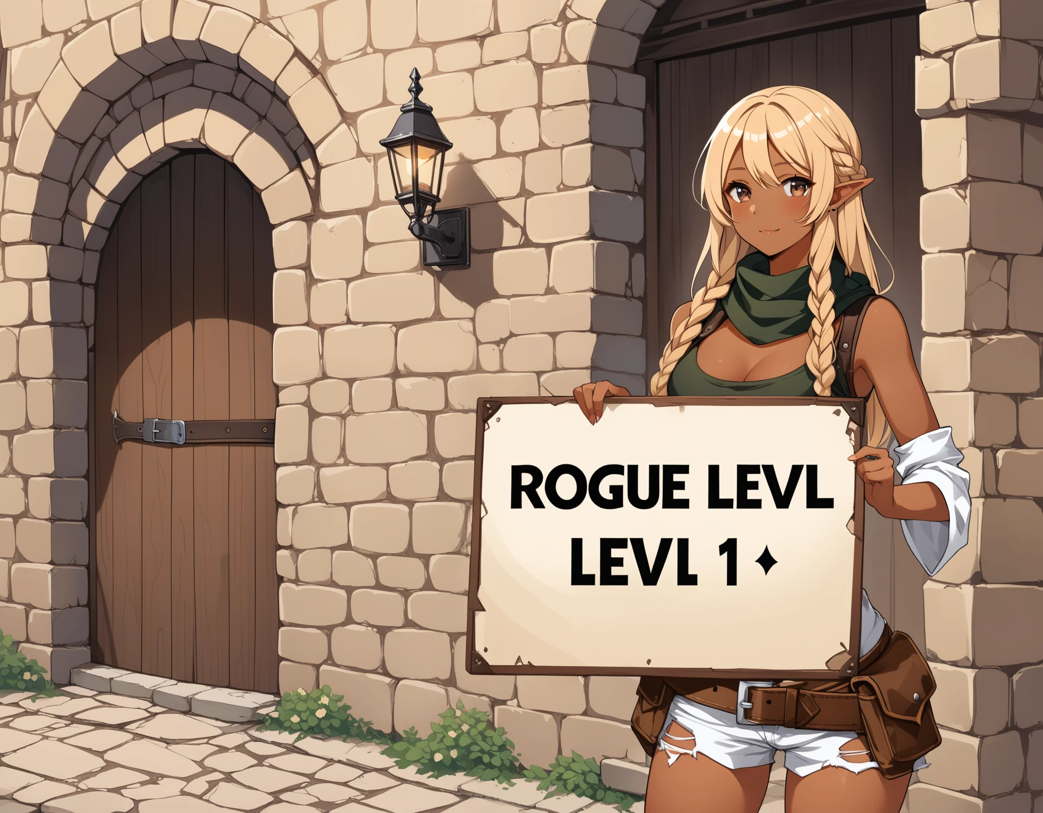 an elf girl,  ((tiny, short, medium breasts:1.5)), ((dressed in torn clothes, torn shorts, torn top, torn boots, leather belt:1.5)), ((dark skin, tanned skin:1.75)), ((blonde hair)), ((a long braided hair:1.95)), ((standing near brick wall)), medieval, fantasy cobblestone pavement,  cowboy shot, side shot, ((holding in her hands, signboard, paper signboard, sign text is "ROGUE LVL 1":1.25)),