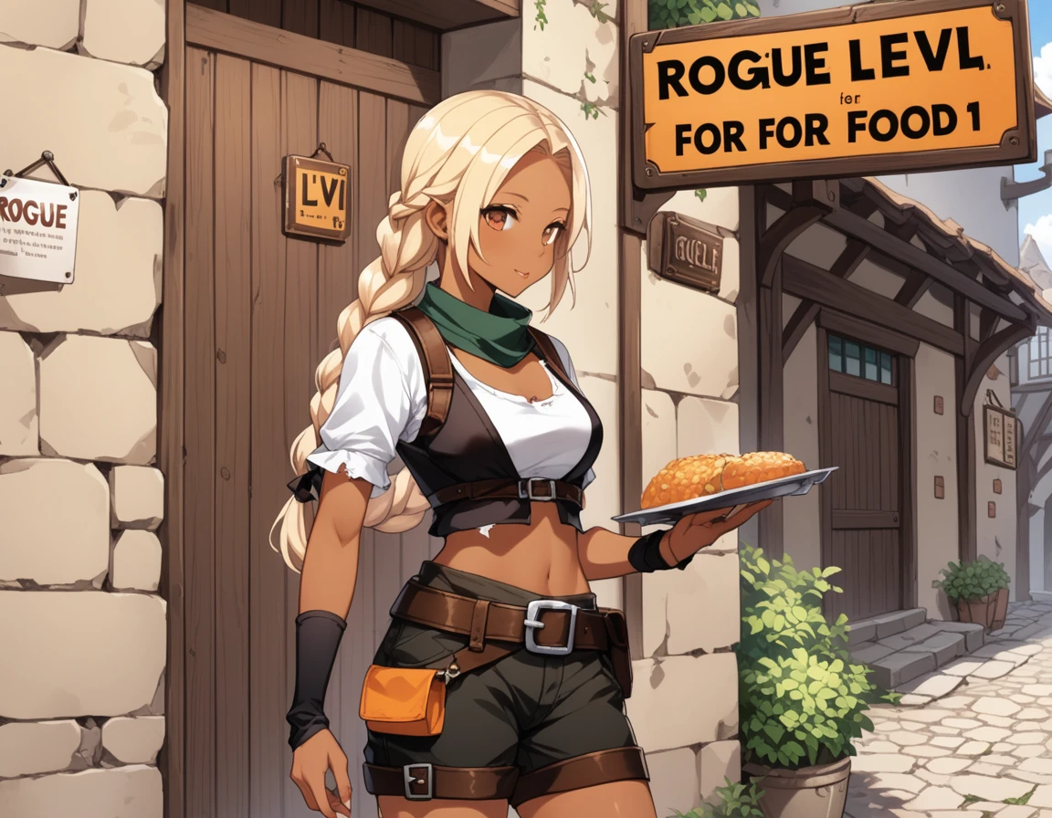 an elf girl, ((tiny, short, medium breasts:1.5)), ((dressed in torn clothes, torn shorts, torn top, torn boots, leather belt:1.5)), ((dark skin, tanned skin:1.75)), ((blonde hair)), ((a long braided hair:1.95)), ((standing near brick wall)), medieval, fantasy cobblestone pavement, cowboy shot, side shot, ((holding in her hands, signboard, paper signboard, sign text is "ROGUE LVL 1, WORK FOR FOOD":1.25)),