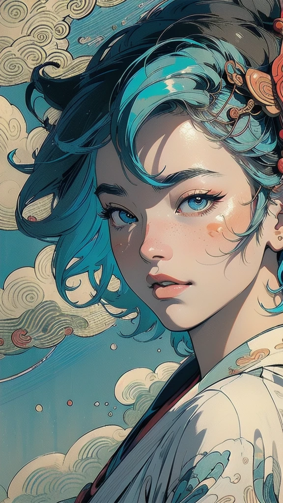 (((masterpiece, highest quality))),,(((solo:1.2))),(((1girl:1.2))),32k wallpaper, very detailed, poster, vintage science fiction,(((((portfolio))))),(((((Close-up))))),(((((bust up))))),((((more various angle)))),((((highlight)))),((((heterochromia)))),(((complete. detailed face))),(((detailed unlimited complete equipment : rail gun))),(((((Absolutely Realistic Clouds background))))),(((Texture for people : halftone))),((Open your mouth wide)),(((((Wind God and Thunder God))))),(((Ukiyo-e)))