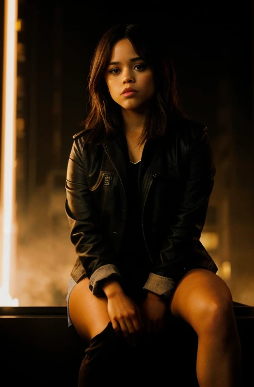 Uma foto de uma jovem teen agere, ((Tupi Guarani Girl)), ((Tupinambá)), ((teen ager)), ((15 years old)), ((tanned skintone)), ((Features of the faces of Taylor Lautner and Adriana Lima)), ((Long pixie cut hair)), (hair slicked back), ((Red dyed hair color)), Fluid Hairstyle, pores, realisic skin, (greeneyes), Using makeup, ((Wearing tomboy clothes: 1.0)), ((sitting in a chair)), ((using feel league)), tomboy style, winter clothing, futuristic background, focused face, portraits, looking at the viewer dark night environment, ((Money rain))