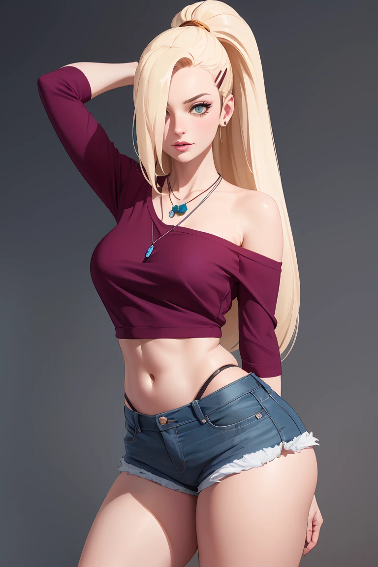 yamanaka ino,  shaved armpits, long blonde hair, bangs, masterpiece,
BREAK (off-shoulder shirt, shorts, jewelry, pendant:1.2),
BREAK full bodyesbian，Standing on the ground，Slim，long leges，Stand up straight，nothing background，Slim，extra long leg，A sagging breast,arms behind back,
BREAK ((top quality, 8k, masterpiece: 1.3, ultra hd, high quality, best quality, high definition, realism)), sharp focus: 1.5, Beautiful woman with Slim body, (perfect hands, perfect anatomy),