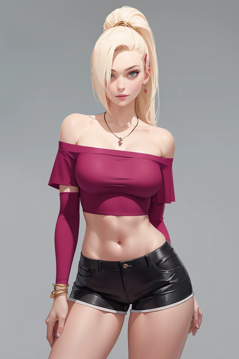 yamanaka ino,  shaved armpits, long blonde hair, bangs, masterpiece,
BREAK (off-shoulder shirt, shorts, jewelry, pendant:1.2),
BREAK full bodyesbian，Standing on the ground，Slim，long leges，Stand up straight，nothing background，Slim，extra long leg，A sagging breast,arms behind back,
BREAK ((top quality, 8k, masterpiece: 1.3, ultra hd, high quality, best quality, high definition, realism)), sharp focus: 1.5, Beautiful woman with Slim body, (perfect hands, perfect anatomy),