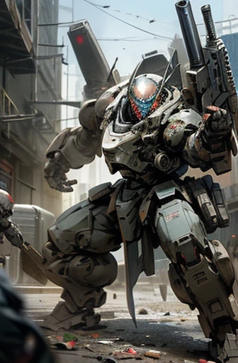 MECA,robot,droid,holding_assault rifle,giant,city,masterpiece,best quality,super detailed,super fine illustration,battle scene,ARMORED CORE,