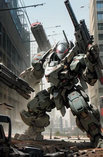 MECA,robot,droid,holding_assault rifle,giant,city,masterpiece,best quality,super detailed,super fine illustration,battle scene,ARMORED CORE,