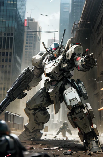MECA,robot,droid,holding_assault rifle,giant,city,masterpiece,best quality,super detailed,super fine illustration,battle scene,ARMORED CORE,