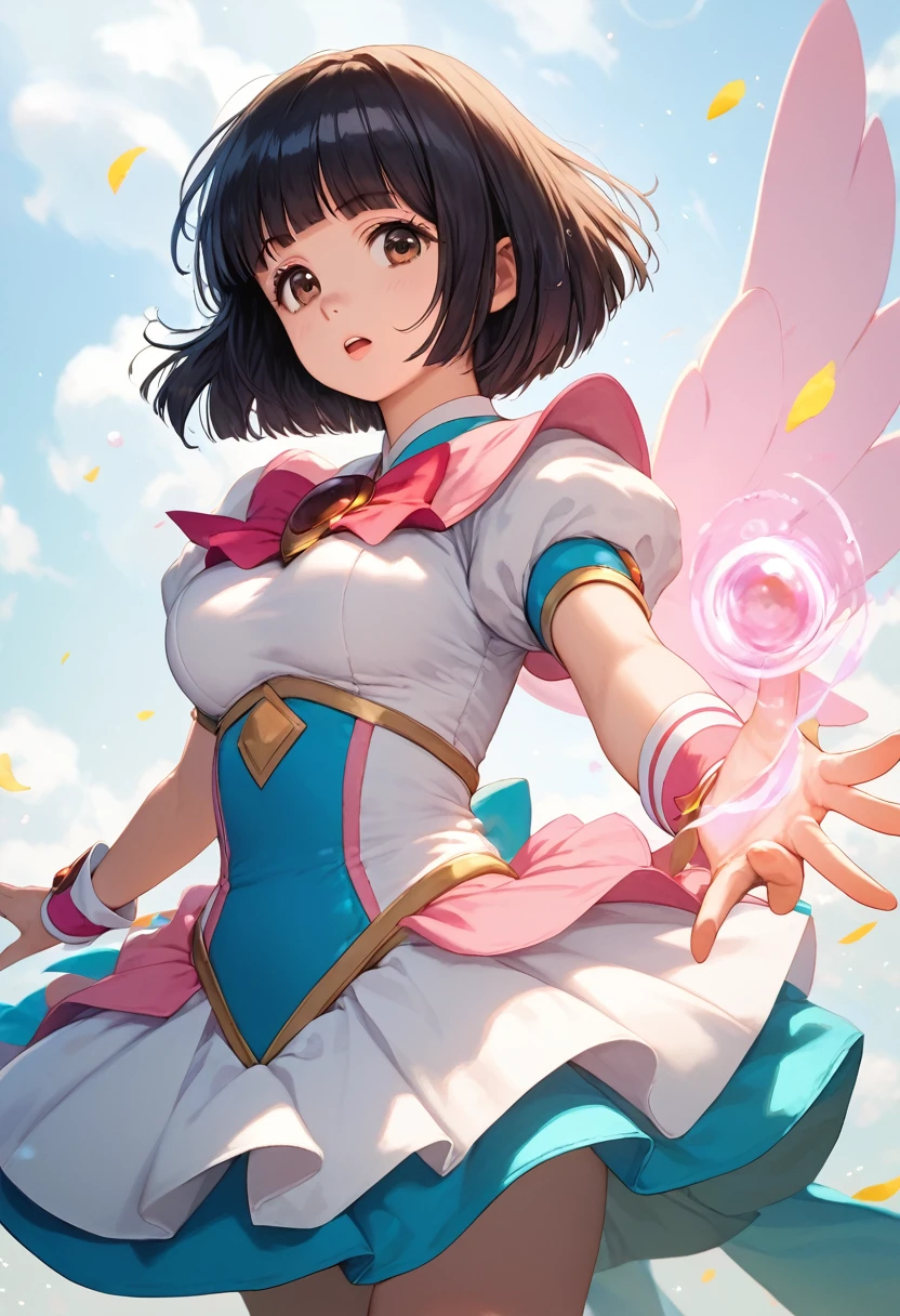 score_9,score_8_up,score_7_up,masterpiece,best quality, source anime, realistic, super detailed, extreme detailed, rating_safe,
1girl, magical girl, water nagic, powerful magic attack, shoots magic at viewer, cowboy shot,
BREAK girl, 22yo, short hair, bob cut, (blunt bangs), black hair, (tareme, detailed cute brown eyes), curled eyelashes, (large breasts:0.9), 
shiny hair, beautiful detailed eyes, beautiful face,
magical girl costume, costume in white with blue decoration, 
serious, open mouth, simple background