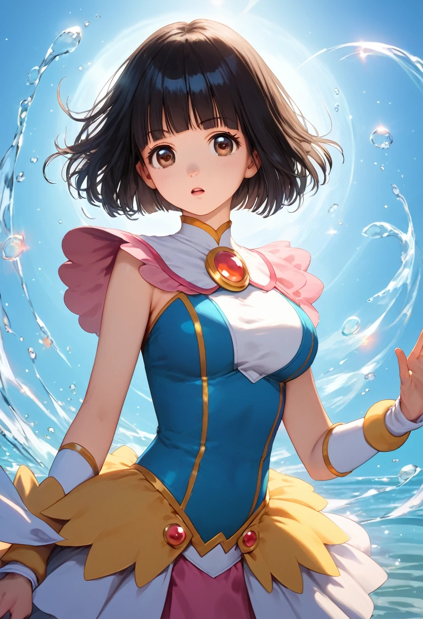 score_9,score_8_up,score_7_up,masterpiece,best quality, source anime, realistic, super detailed, extreme detailed, rating_safe,
1girl, magical girl, water nagic, powerful magic attack, shoots magic at viewer, cowboy shot,
BREAK girl, 22yo, short hair, bob cut, (blunt bangs), black hair, (tareme, detailed cute brown eyes), curled eyelashes, (large breasts:0.9), 
shiny hair, beautiful detailed eyes, beautiful face,
magical girl costume, costume in white with blue decoration, 
serious, open mouth, simple background