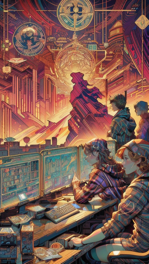many girls sitting at a table with a computer, ( ( ( ( ( dan mumford ) ) ) ) ), in the style dan mumford artwork, martin ansin, dan mumford tom bagshaw, el bosco and dan mumford, by Dan Mumford, josan gonzales and dan mumford, in the art style of dan mumford, girls