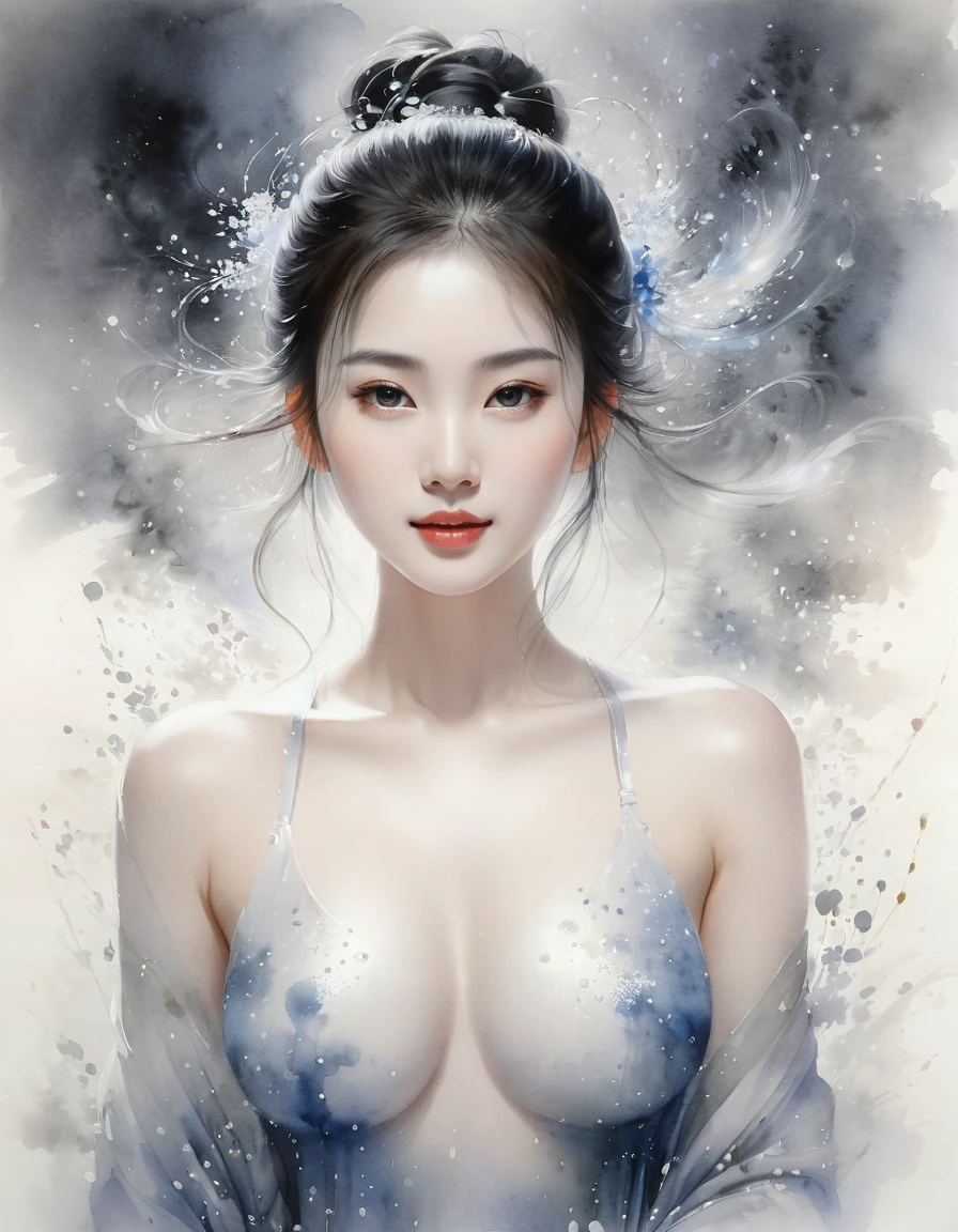 hinese painting, Ethereal beauty, ink wash painting, ink splashes,Gongbi,Delicate brushwork,Zen simplicity, high quality, masterpiece, ultra-high resolution, incredible composition, extremely detailed, crazy details, a girl, beautiful face, perfect female body, translucent body, pet luminous, gradient, contour light, light particles, award winning art