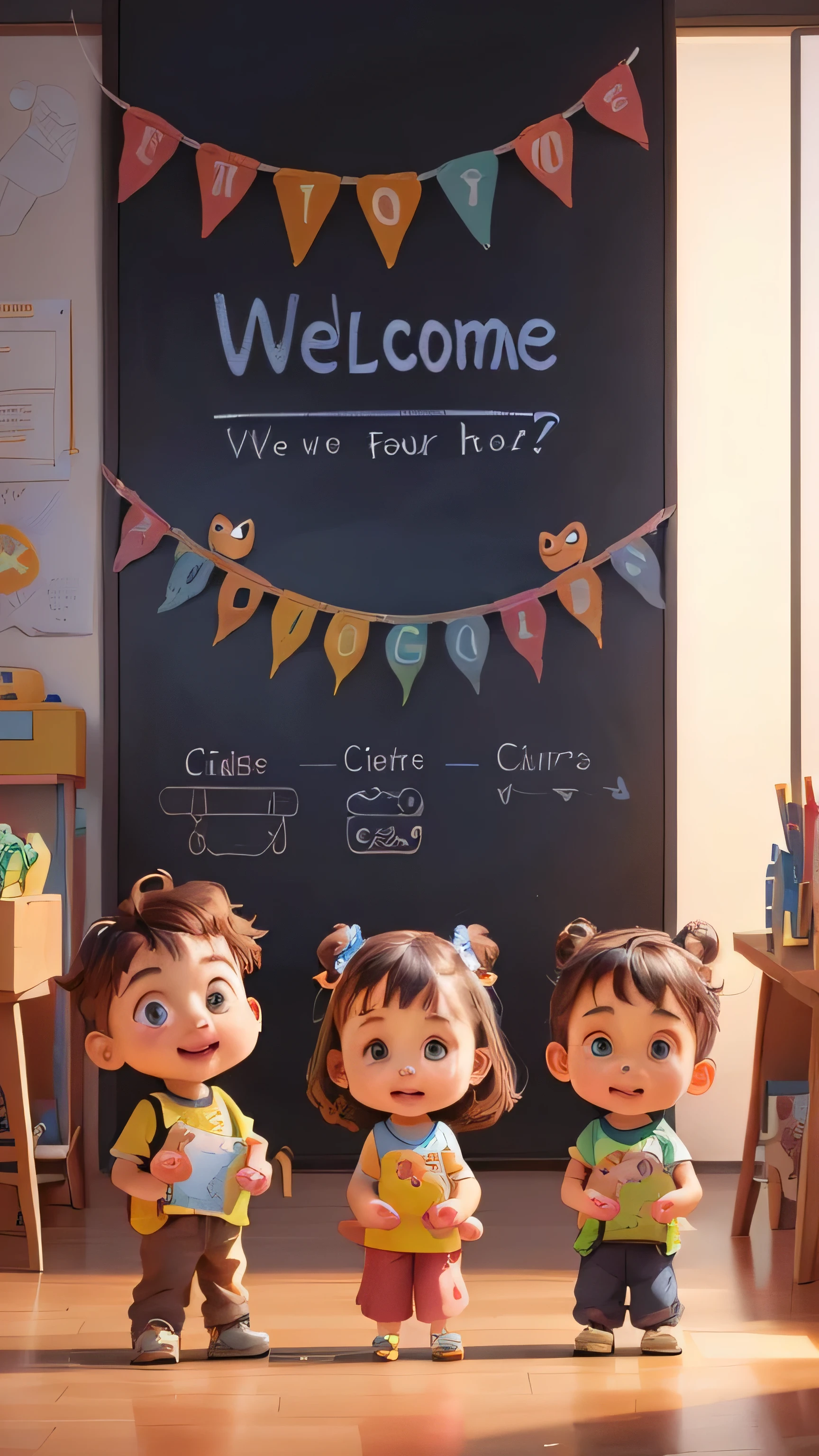 there are three little children standing in front of a welcome sign, childrens art in artstation, adorable digital painting, pixar cute character design, children's cartoon, cute detailed digital art, cute digital art, cute 3 d render, classroom background, cute characters, nursery poster, cute cartoon character, cute cartoon style, cute art style, welcome, cartoon style illustration