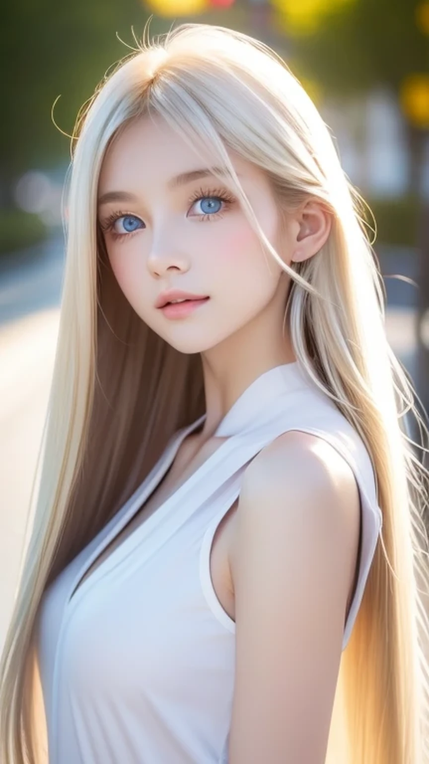 The Shining, clear, White skin、Her windblown blonde hair hides her beautiful face、A stunning 16-year-old blonde beauty、Cute sexy little beautiful face、Eye-catching, beautiful, super long straight hair、growing up, Large, sparkling, very bright light blue eyes、Long, silky bangs that cover cute eyes, Sexy and cute young woman with super long hair hiding her sexy face、Ultra long platinum hair