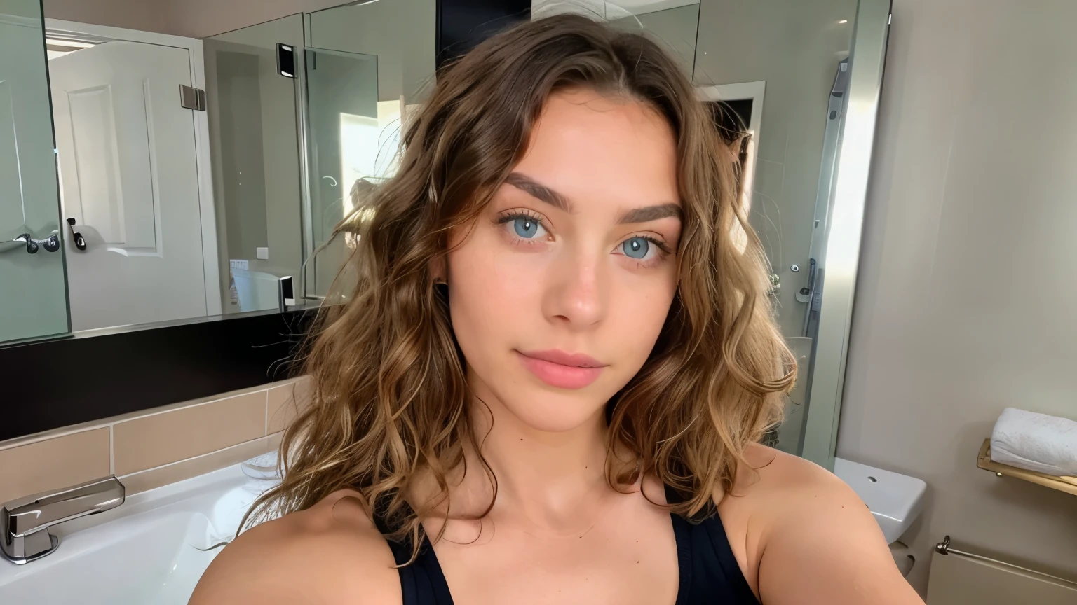 Pretty beautiful blonde with a black tank top (taking a selfie with your smartphone in your bathroom mirror), very detailed, , Visage innocent, naturally wavy hair, blue eye, high resolution, head of'artwork, best quality, complicated details, very detailed, sharpness, detailed skin, realistice Hauttextur, texture, detailed eyes, Professionnel, 4K, charming smile, prise avec Canon, 85 millimeters, Slight depth of field, Kodak Vision Color, corps parfaitement ajusté, extremely detailed, Photo_\(ultra\), fotorealistic, realistic, post-traitement, maximum details, roughness, real life, ultrarealistic, photoRealism, Photography, 8k uh, Photography