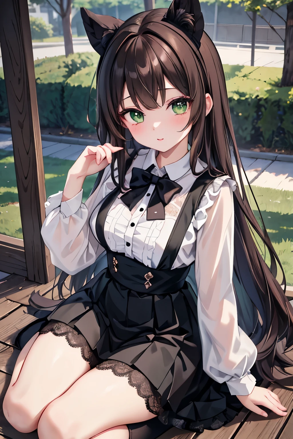 ((masterpiece, Highest quality, High resolution, 超High resolution, Pixel perfect, Written boundary depth, 4K, RTTX 10.0, High resolution))), 1 girl, single, alone, Beautiful Anime Girls, Beautiful art style, Anime characters, ((Shortcuts, bangs, Dark brown hair)), ((Green Eyes:1.4, Round eyes, Beautiful eyelashes, current eyes)), ((Smooth texture:0.75, Anime CG style)), Medium chest, ((Dynamic Angle, close)), Perfect body, (pretty girl), 1girl, solo, wearing a kawaii fashion outfit, outfit features a pink blouse with black lace trim and a large bow at the collar, The blouse is paired with a black high-waisted skirt with lace-up details, The person is also wearing black knee-high socks with lace tops, The overall look is cute and elegant, Outdoor, wood, Depth of written boundary,