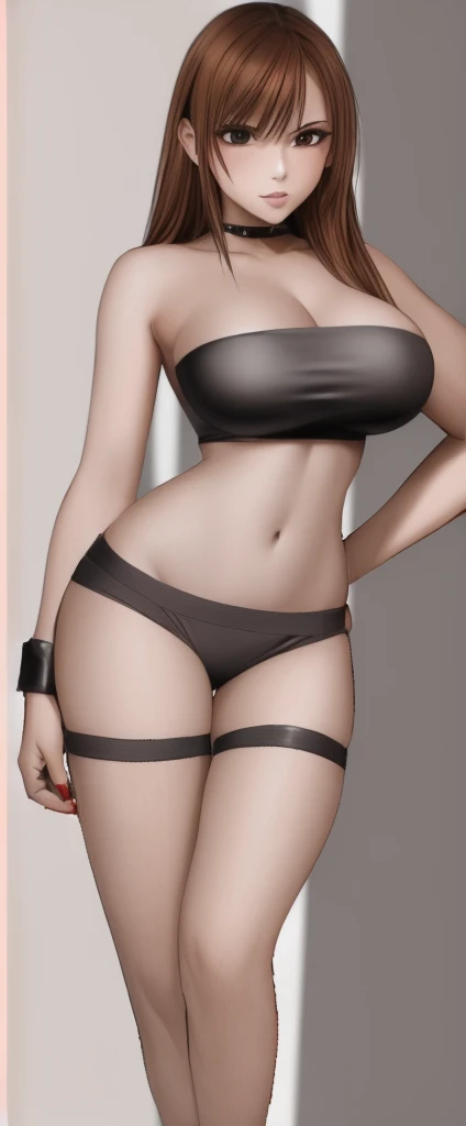 A beautiful woman with big breasts, beautiful legs, and a sharp face is standing with her hands on her hips in a black navel-baring tube top and black hot pants that look like panties.。