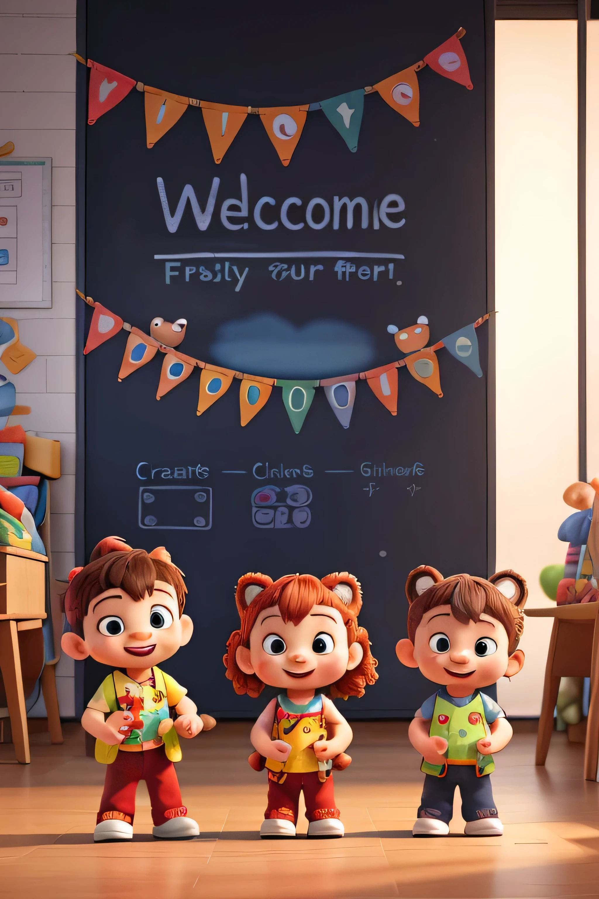Create a vibrant and playful bunting design for a kindergarten intake with the following dimensions: Incorporate welcoming text such as 'Welcome to Kindergarten!' in a friendly, easy-to-read font. Add illustrations of cute animals, toys, or other kindergarten-themed graphics. Ensure the overall design is engaging and visually appealing for both children and their parents