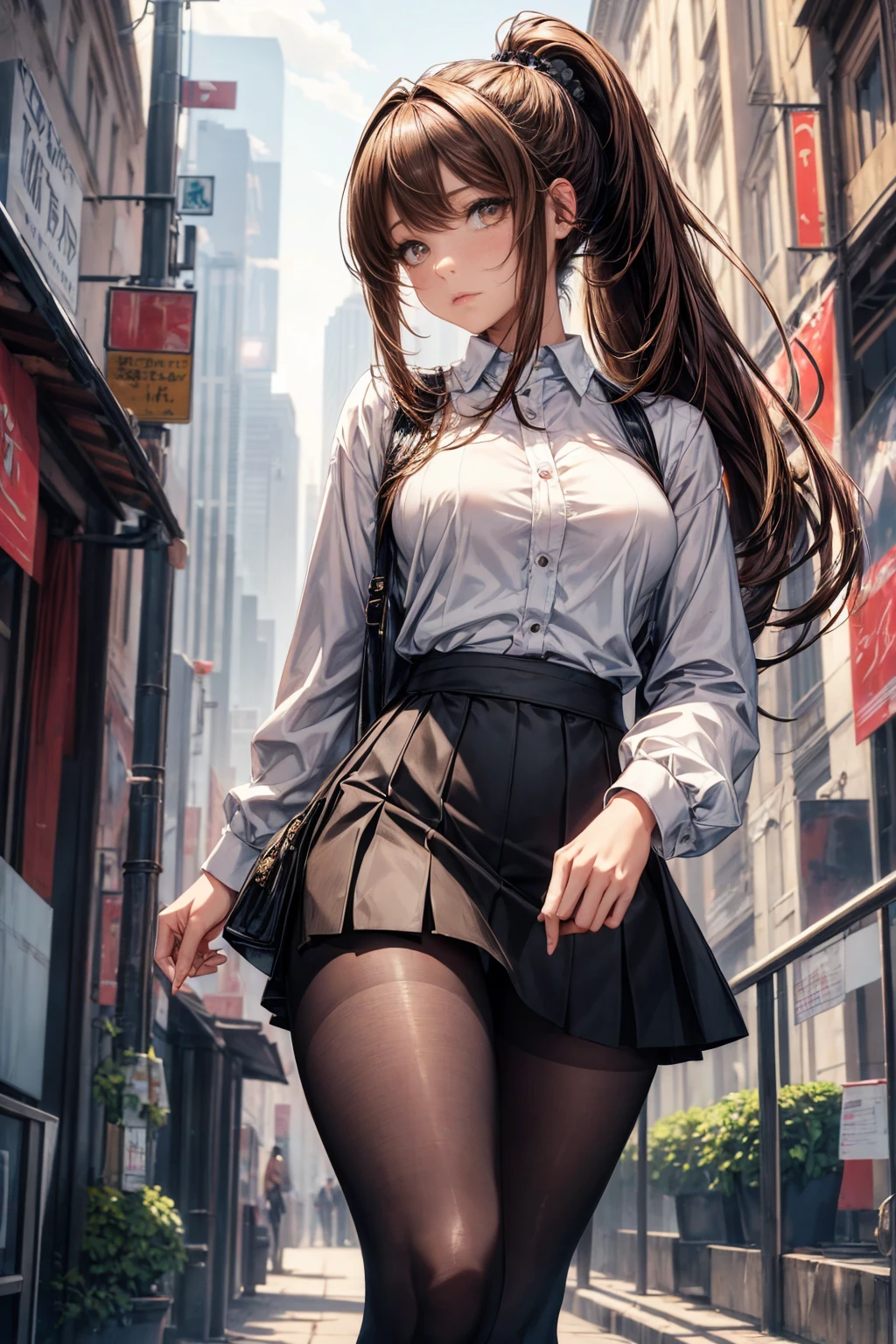 (masterpiece, Highest quality), Intricate details, 8k, Art Station, wallpaper, Official Art, Sharp focus, One girl,Toned body、 Long Hair,ponytail, Brown Hair, office lady,White shirt、Black tight skirt、tights、 printing, Hanging eyes、Cold Eyes , Muddy eyes、skyscraper, city, building, car, street,