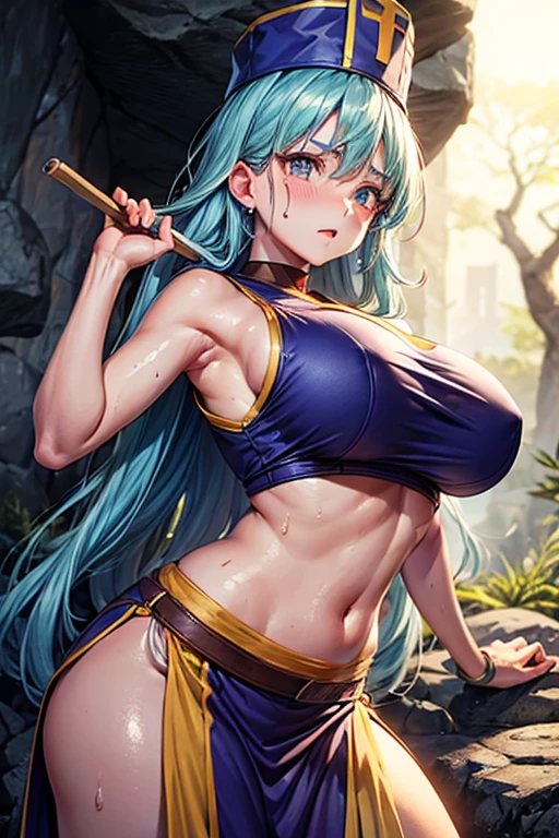 masterpiece, Highest quality, Unreal Engine, Super Resolution, Very detailed,
Beautiful woman, Dragon Quest Female Monk, long sky blue hair, Priest's hat, Brutabad, Vivid expression, Healthy Body, Beautifully detailed sweat glands, Smooth skin texture, Carefully drawn,
(humidity:1.5), (Hot Temperatures:1.5), Beautiful Eyes, (Attractive face:1.2), (Beautiful Skin), (Big Breasts), Round Breasts, (Sticky with sweat), Unbearably hot pose, In a dynamic pose,
In the world of Dragon Ball, 屋Inside, (A cave where you can see magma)Inside