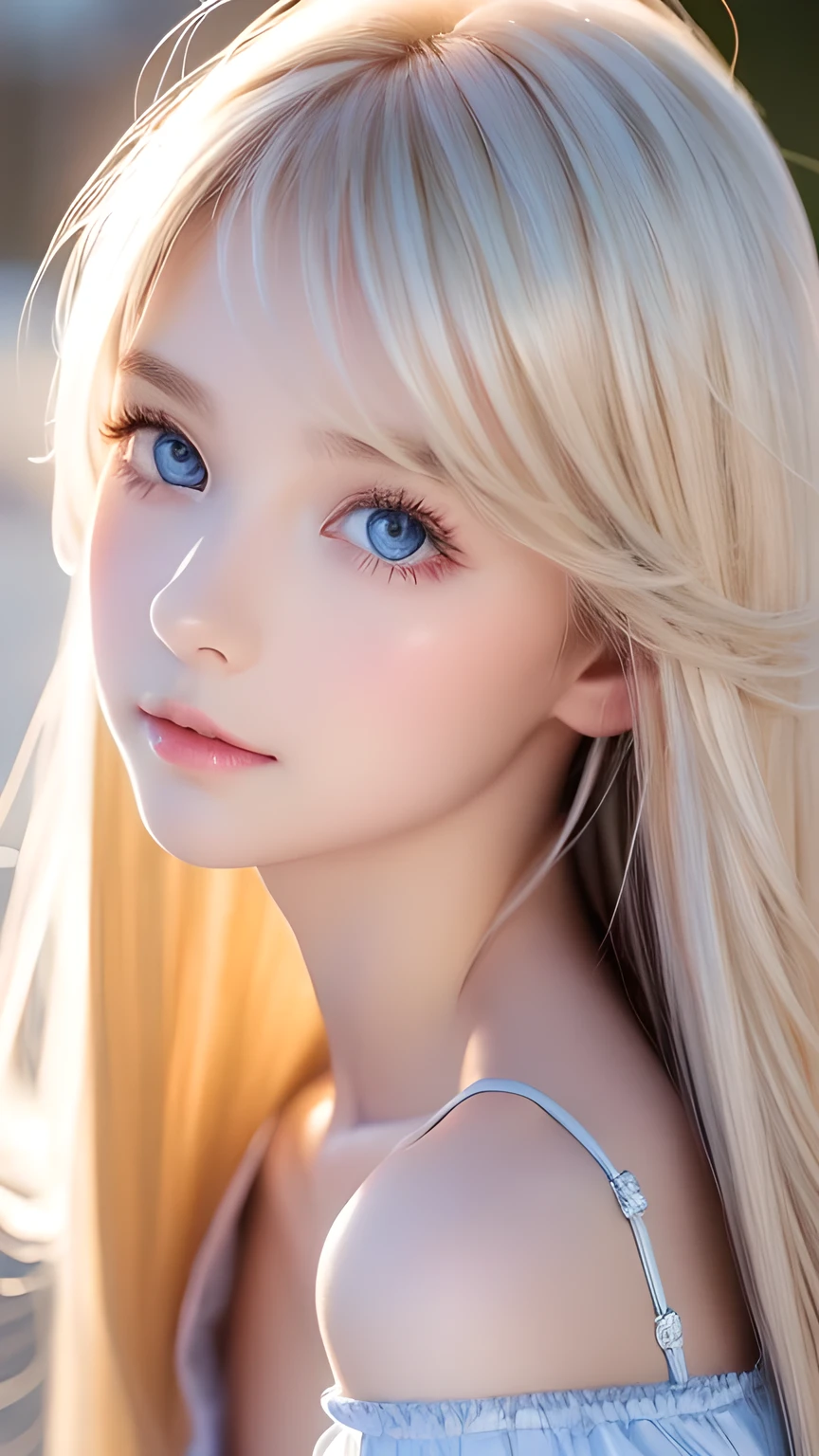 The Shining, clear, White skin、Her windblown blonde hair hides her beautiful face、A stunning 16-year-old blonde beauty、Cute sexy little beautiful face、Eye-catching, beautiful, super long straight hair、growing up, Large, sparkling, very bright light blue eyes、Long, silky bangs that cover cute eyes, Sexy and cute young woman with super long hair hiding her sexy face、Ultra long platinum hair、Small Face Beauty、Round face