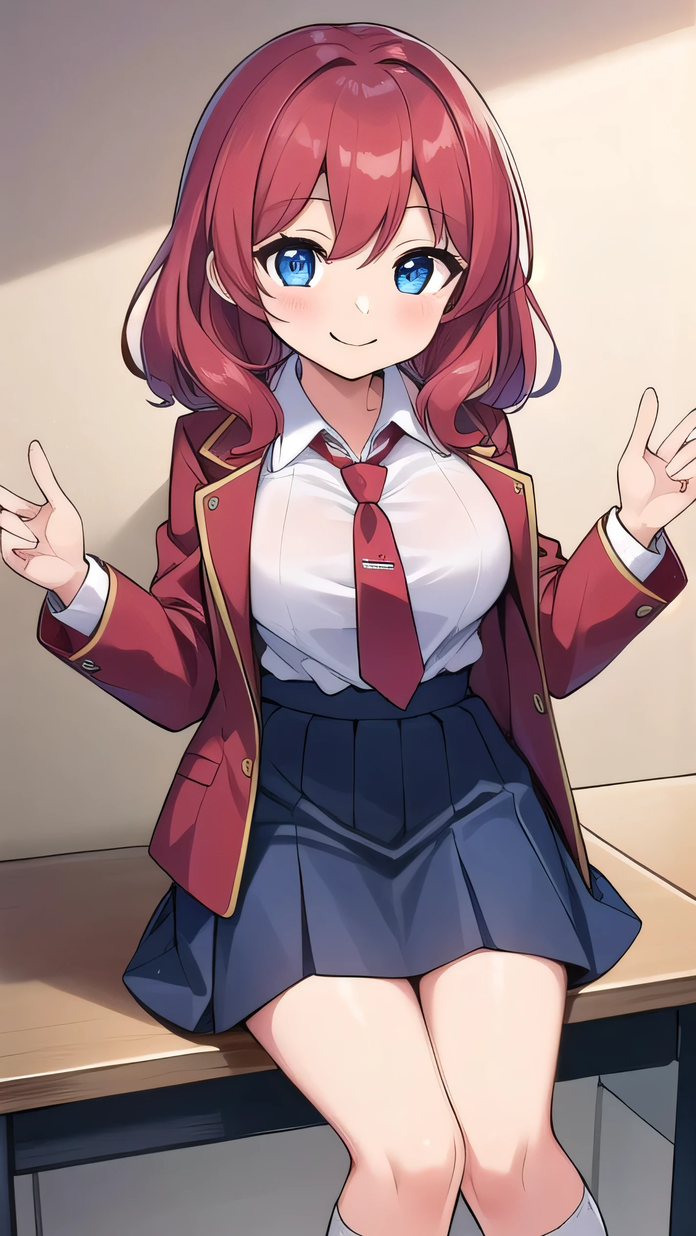 Big breasts, red hair, blue eyes, droopy eyes, red jacket, long sleeves, navy skirt, elementary school student, (super big breasts:1.1), (medium hair: 1.2), baggy clothes, elementary school student, young face, short height, 10 years old, old, shy A shy guy, smiling a little, trying to open the buttons of his shirt, white shirt, red tie，(straight hair:1.2) , gentle smile, a little smile