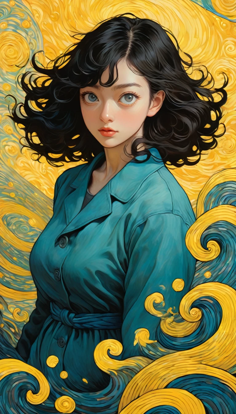 An illustration、art、Supervised by Junji Ito、Overreaction、Overaction、fear、Bobcut、Eyes Wide Open、fearに震える、Attention to detail、Realistic Shadows、Analog Style、chromatic aberration、Surrealism、disaster々A new Van Gogh-like swirl background