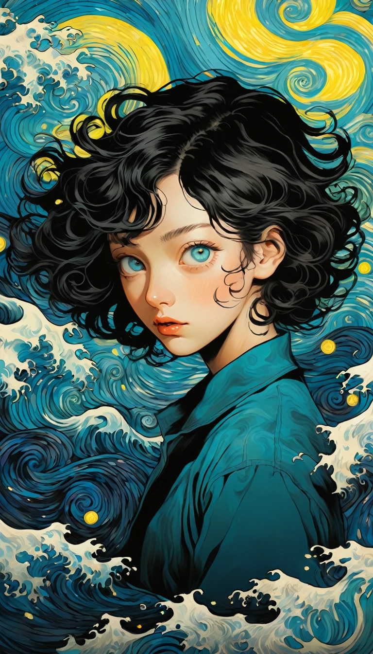 An illustration、art、Supervised by Junji Ito、Overreaction、Overaction、fear、Bobcut、Eyes Wide Open、fearに震える、Attention to detail、Realistic Shadows、Analog Style、chromatic aberration、Surrealism、disaster々A new Van Gogh-like swirl background