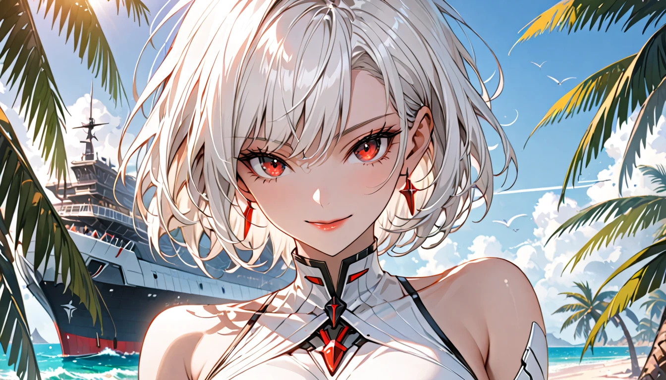 Female Solo, Short white hair, Red eyes, Large Breasts, Female President and CEO, Futuristic, Simple elegance, Elegant clothes, Beach, Simple swimsuit, sunny, A small smile, Palm tree, jewelry, Broad shoulders, Close-up fit, airship