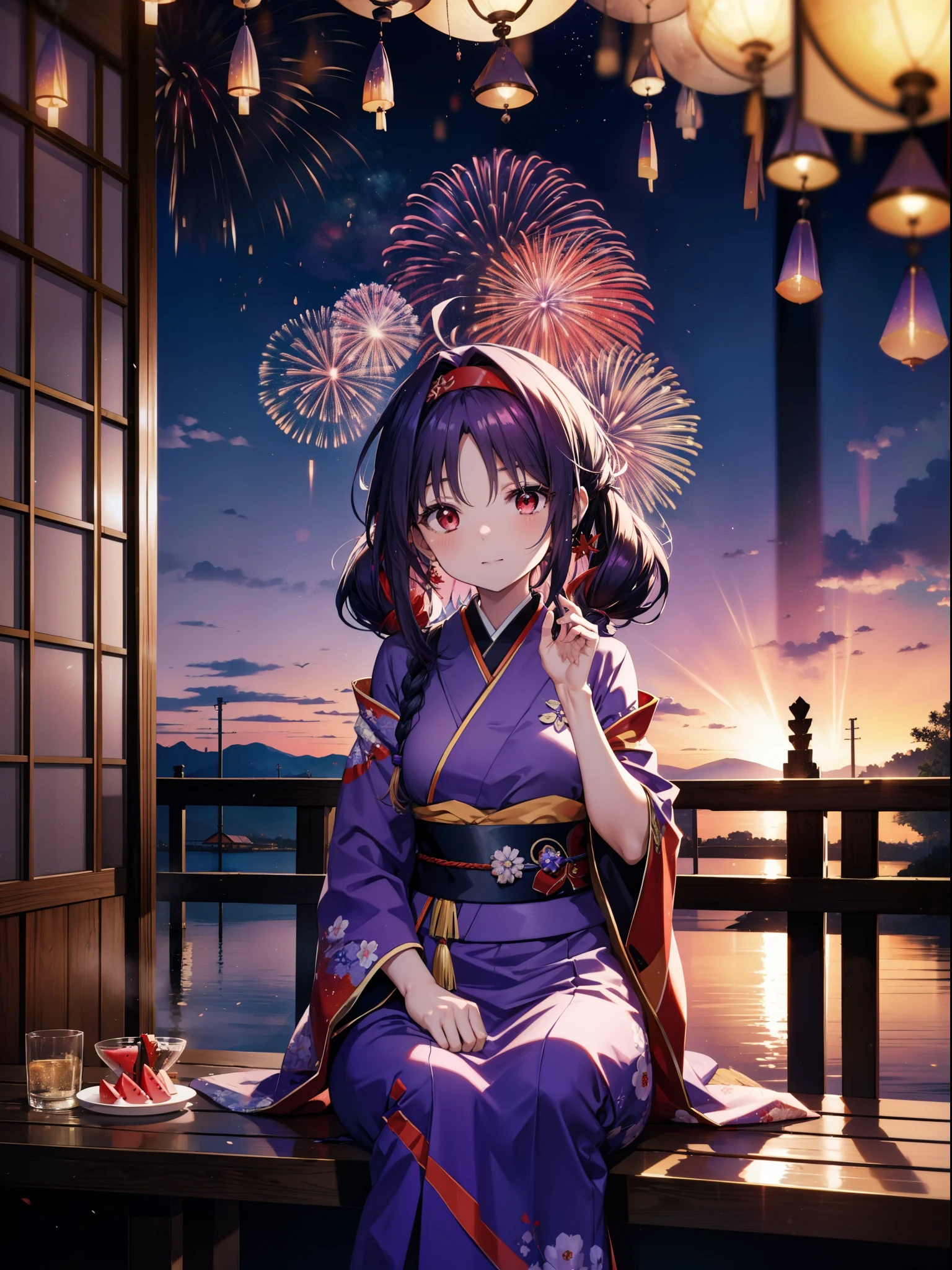 yuukikonno, Yuuki Konno, hair band, Long Hair, Pointed Ears, Purple Hair, Ahoge,(Red eyes:1.5), (Small breasts:1.2),low twin tail,smile,blush,Open your mouth,Purple Kimono,Purple long skirt,Fireworks in the night sky,Fireworks,The place is a fireworks display,Time is night,sunny day,Sitting on a bench,A triangular piece of red watermelon is placed on a plate on a bench.,Wind Chimes,whole bodyがイラストに入るよう,
break looking at viewer, , whole body, (Cowboy Shot:1. 5)
break indoors, Veranda,Japanese garden,
break (masterpiece:1.2), Highest quality, High resolution, unity 8k wallpaper, (figure:0.8), (Beautiful attention to detail:1.6), Highly detailed face, Perfect lighting, Highly detailed CG, (Perfect hands, Perfect Anatomy),