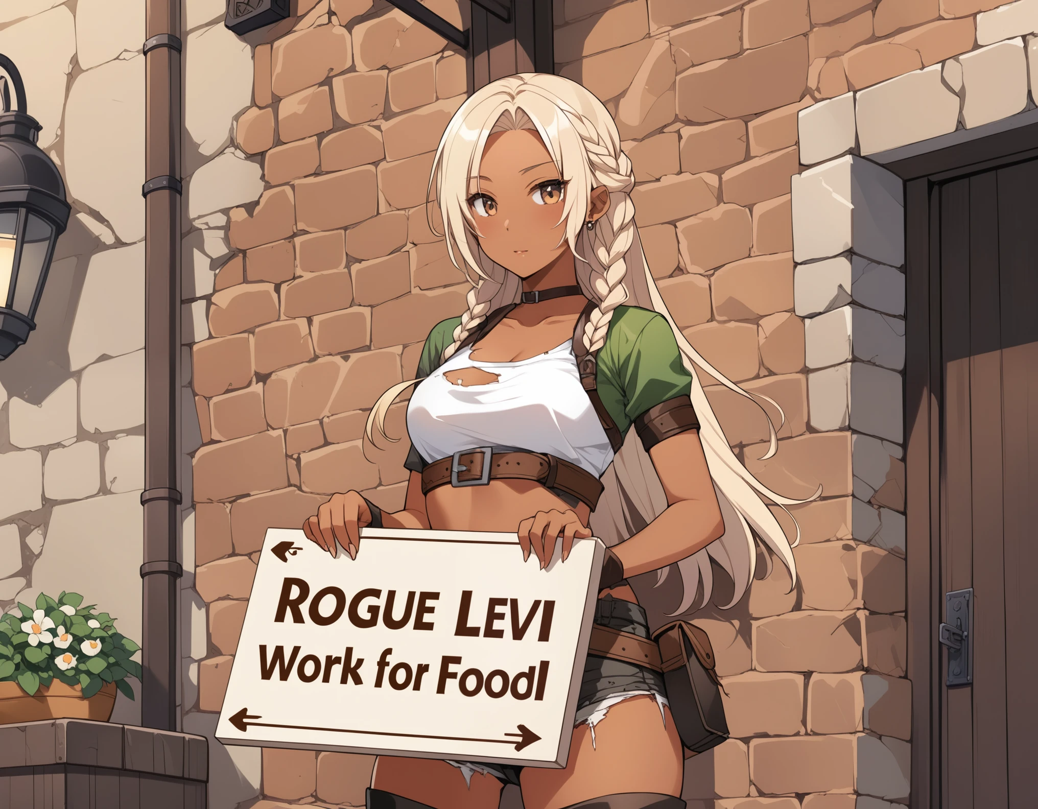 an elf girl, ((tiny, short, medium breasts:1.5)), ((dressed in torn clothes, torn shorts, torn top, torn boots, leather belt:1.5)), ((dark skin, tanned skin:1.75)), ((blonde hair)), ((a long braided hair:1.95)), ((standing near brick wall)), medieval, fantasy cobblestone pavement, cowboy shot, side shot, ((holding in her hands, signboard, paper signboard, sign text is "ROGUE LVL 1, WORK FOR FOOD":1.25)),