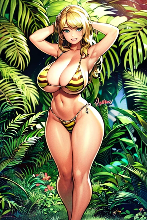 masterpiece, high resolution, best quality, rendered art, beautiful art, well formed fingers,body and hands, 1 woman, solo, Kate Upton, blonde, wearing Cavewoman outfit, big breasted, cleavage, sexy and skimpy jungle bikini, pelvic curtain, bikini thong, brunette, sexy and gorgeous hips, legs and thighs, dancing off seductively and erotically, shaking her body, smiling joyfully and brightly, looking at the viewer, flirting, bitting her lips, jungle environment