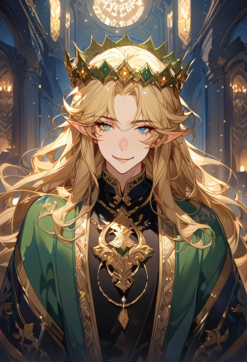 masterpiece, best quality, 8k ,4k , 1male, elf King, Golden Blond, Blue greenish eyes, gold wreath crown, hair ornament, long hair, finely detailed eyes and detailed face, looking at viewer, black sleeveless, half robe, patterned clothes, gold embroidery clothes, meticulous clothes, mature clothe, majestic looks, smiling gently, small bird, full body, inspired by Asukaziye artist : ask, art style : ask