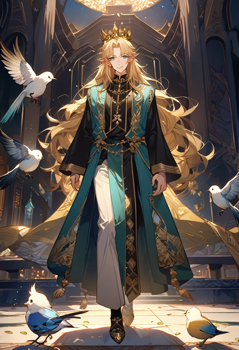 masterpiece, best quality, 8k ,4k , 1male, elf King, Golden Blond, Blue greenish eyes, gold wreath crown, hair ornament, long hair, finely detailed eyes and detailed face, looking at viewer, black sleeveless, half robe, patterned clothes, gold embroidery clothes, meticulous clothes, mature clothe, majestic looks, smiling gently, small bird, full body, inspired by Asukaziye artist : ask, art style : ask