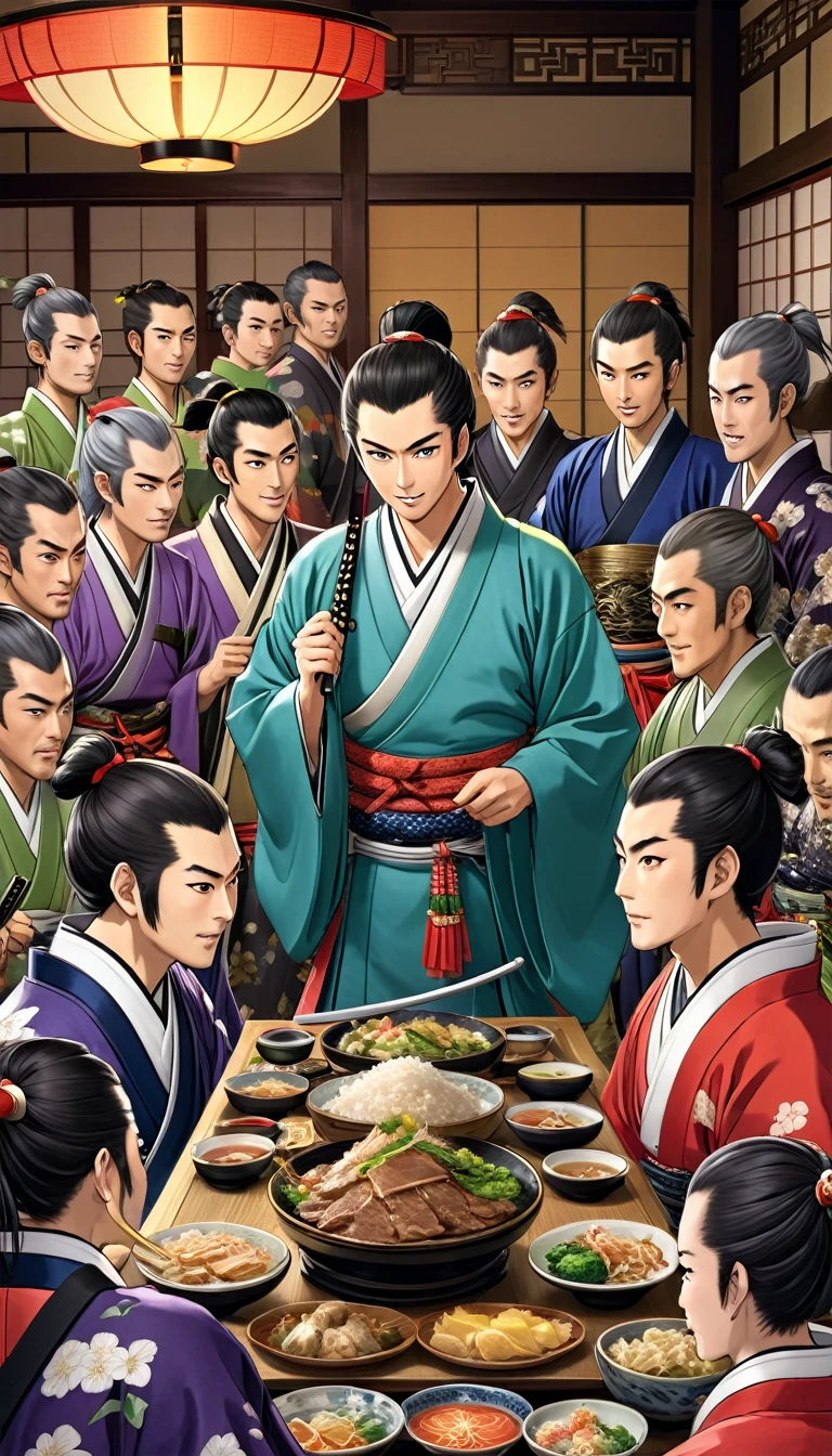 A festive banquet scene with Akechi Mitsuhide in the center, appearing slightly intoxicated, with a lively atmosphere of samurai and noble guests.